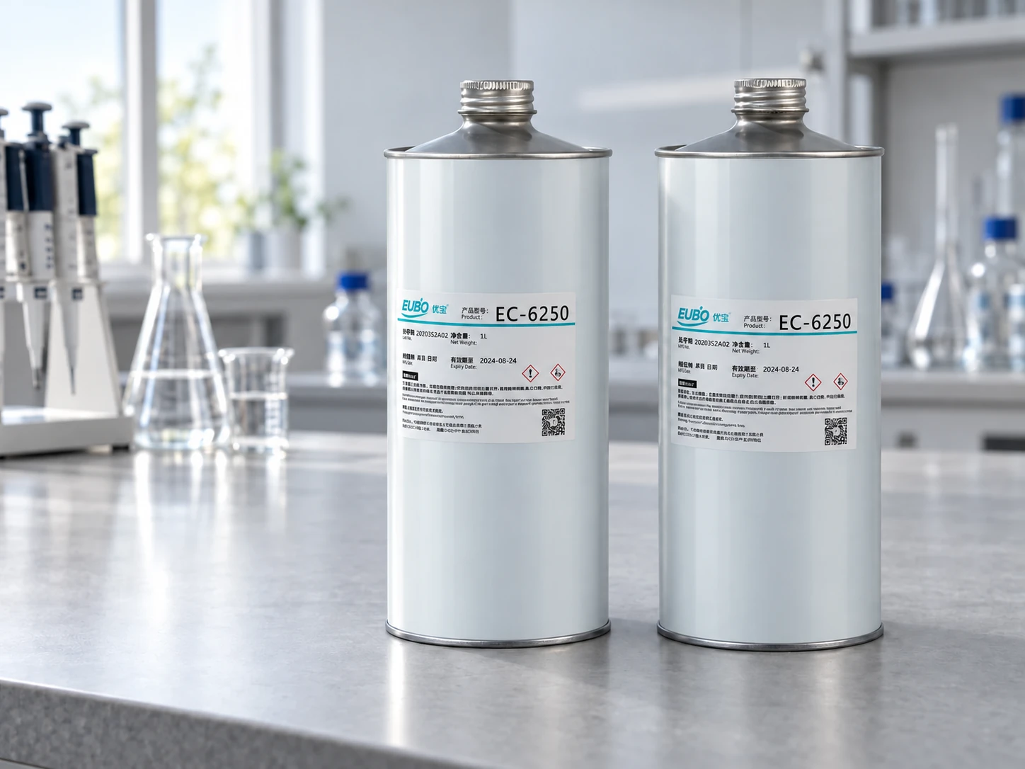 ภาพประกอบฉากสินค้าของกระป๋อง EUBO EC-6250 สีเทาอ่อนเรียบบนโต๊ะทดลอง